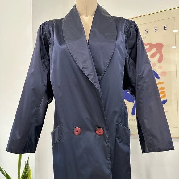 Vintage 80’s Navy Blue Nylon Trench Coat - Picture 5 of 16
